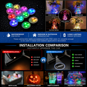 Picture10 » Auto Add On Store » Auto Add On Store Collage of colorful waterproof led lights for home party and aquarium decor with a beforeafter installation comparison car lighting shown