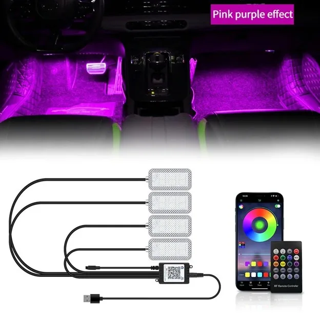 Car interior glowing pinkpurple with ambient led strips along floor and seats labeled pink purple effect