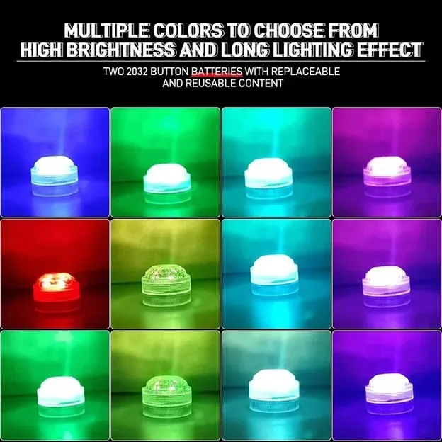 Grid of twelve square tiles in bright colors blue green cyan purple red yellow each showing a small illuminated button cap illustrating color lighting options