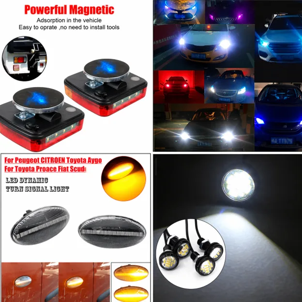 Collage of magnetic car led lights headlight beams and turnsignal leds for vehicle upgrades