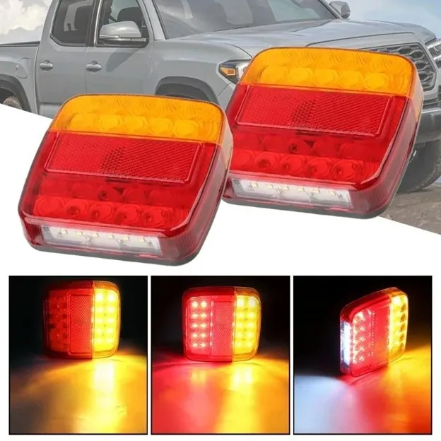Pair of rectangular led tail lights with amber top and red bottom shown from multiple angles on a pickup truck background