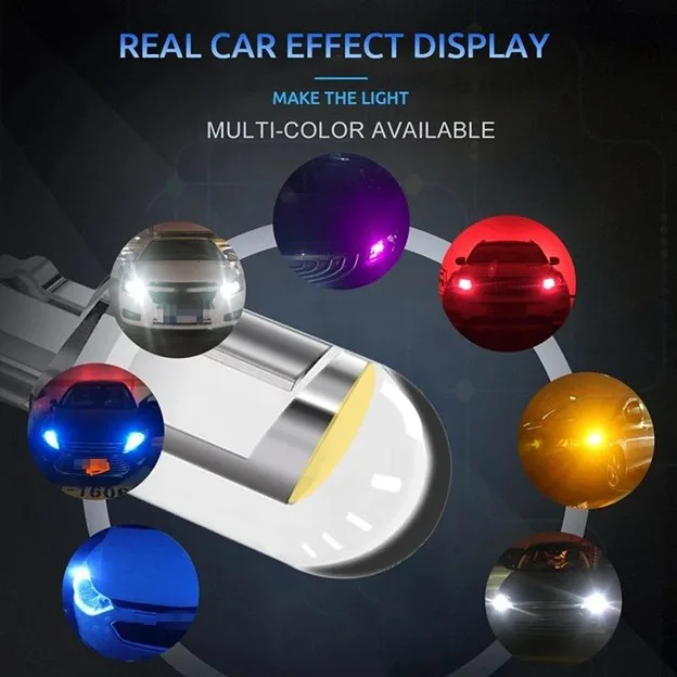 Promotional graphic for car light effects a central led device with colored spheres around it captioned real car effect display and multi color available